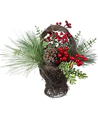 15" Eucalyptus Pine and Berry Artificial Christmas Grapevine Basket