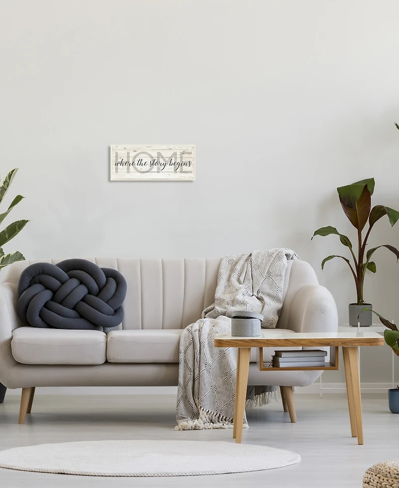 Stupell Industries Story Begins Family Home Inspirational Word Textured Wood Design Wall Plaque Art, 7" x 17"