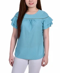 Ny Collection Petite Short Double Flutter Sleeve Swiss Dot Top