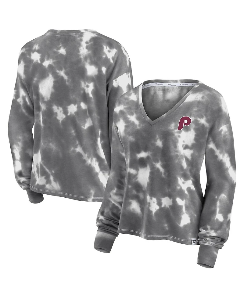 Women's Fanatics White and Gray Philadelphia Phillies Tie-Dye V-Neck Pullover Cropped Tee