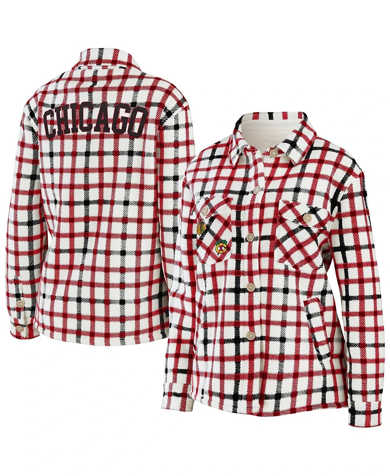 Women's Wear by Erin Andrews Oatmeal Chicago Blackhawks Plaid Button-Up Shirt Jacket