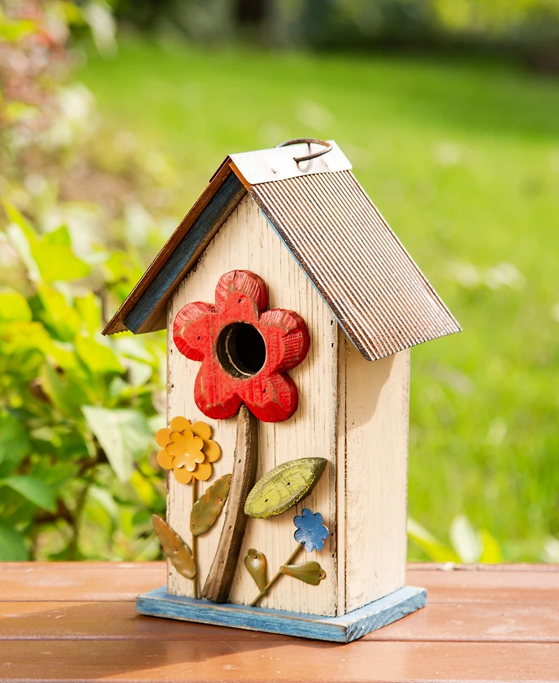 Glitzhome 10.25" Washed Birdhouse with 3D Flowers