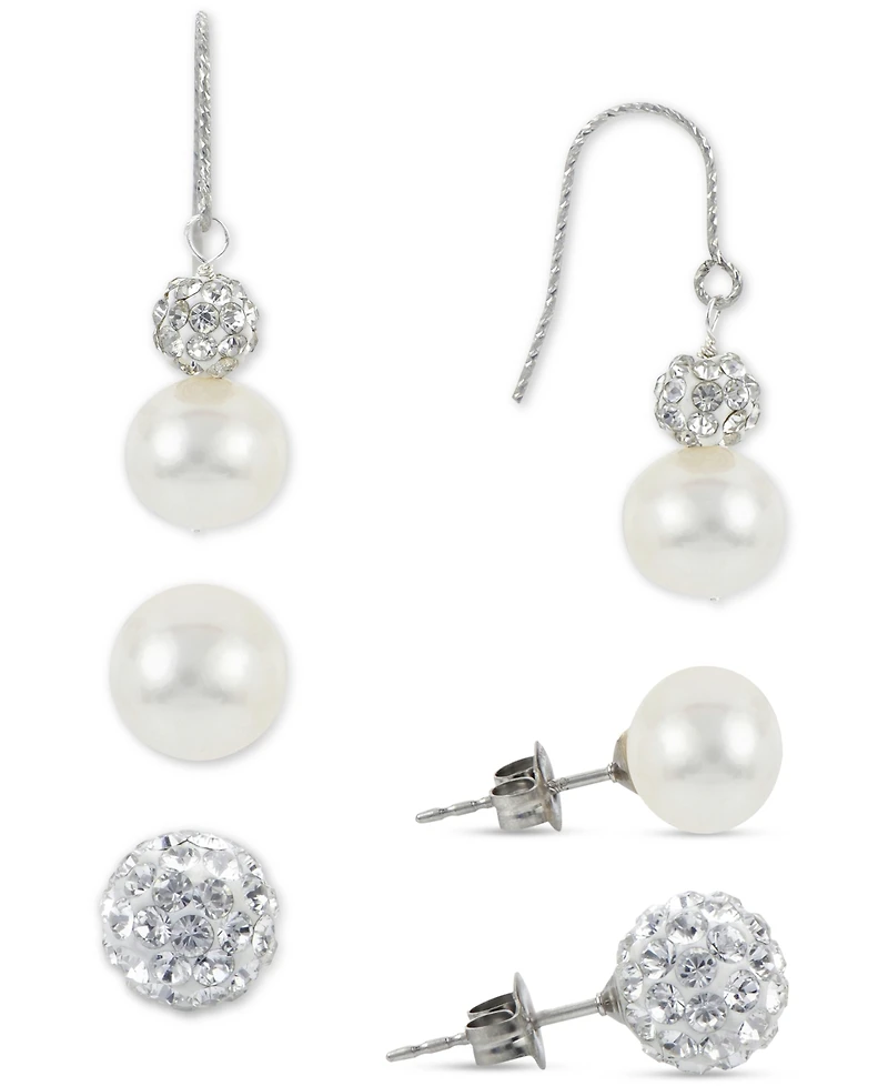3-Pc. Set Cultured Freshwater Pearl (8 & 10mm) & Crystal Stud & Drop Earrings in Sterling Silver