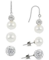 3-Pc. Set Cultured Freshwater Pearl (8 & 10mm) & Crystal Stud & Drop Earrings in Sterling Silver