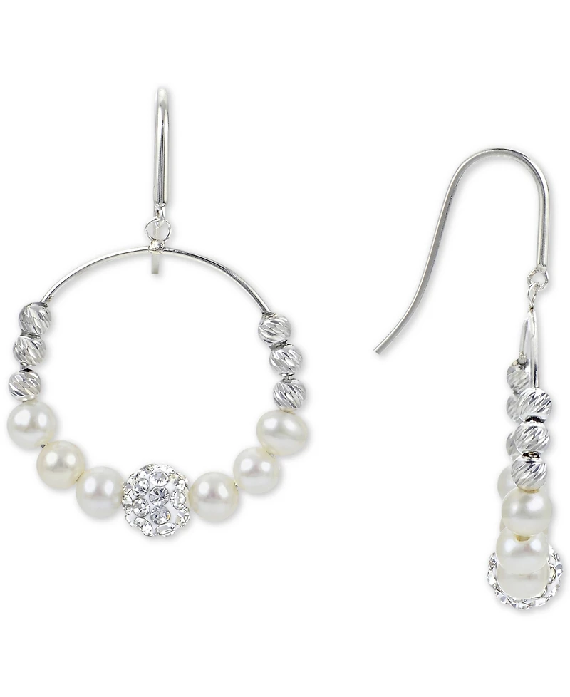Cultured Freshwater Pearl (4-5mm) Graduated Leaf & Crystal Circle Drop Earrings in Sterling Silver