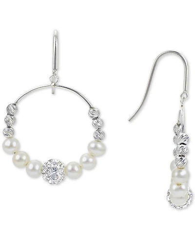 Cultured Freshwater Pearl (4-5mm) Graduated Leaf & Crystal Circle Drop Earrings in Sterling Silver