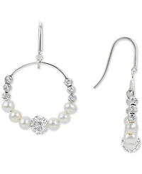 Cultured Freshwater Pearl (4-5mm) Graduated Leaf & Crystal Circle Drop Earrings in Sterling Silver