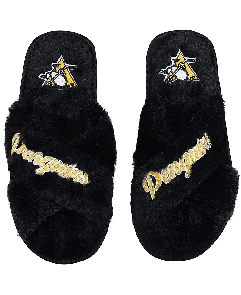 Women's Foco Pittsburgh Penguins Script Cross Slide Slippers