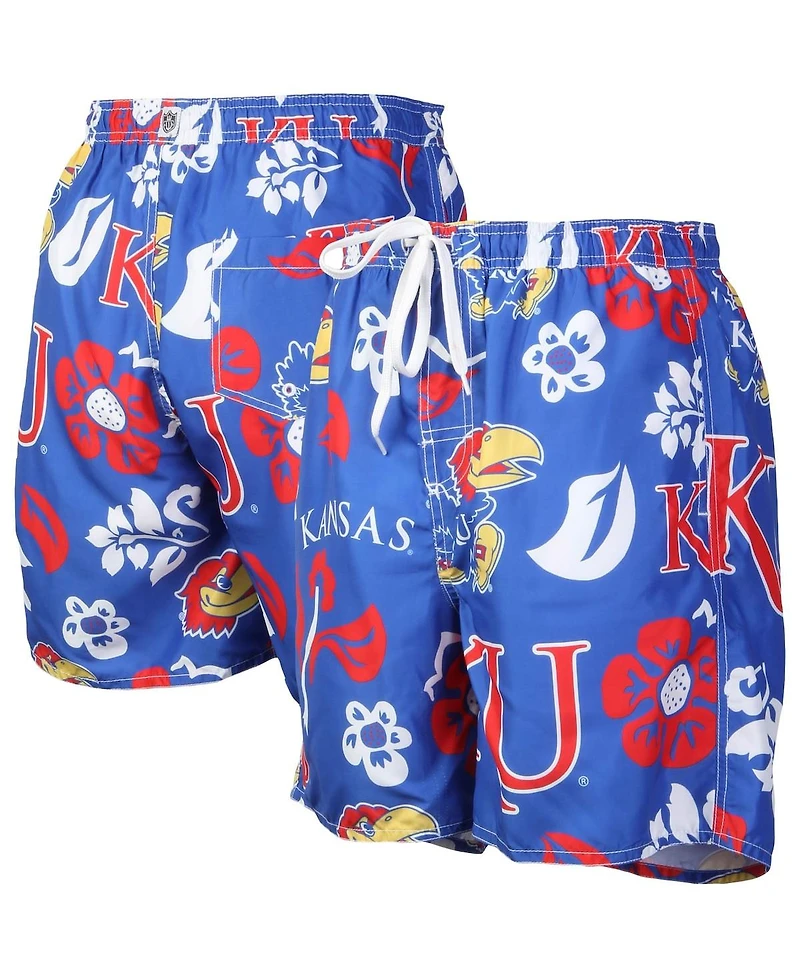 Men's Wes & Willy Royal Kansas Jayhawks Floral Volley Logo Swim Trunks
