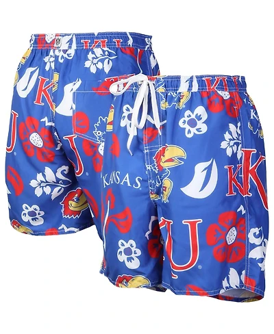 Men's Wes & Willy Royal Kansas Jayhawks Floral Volley Logo Swim Trunks