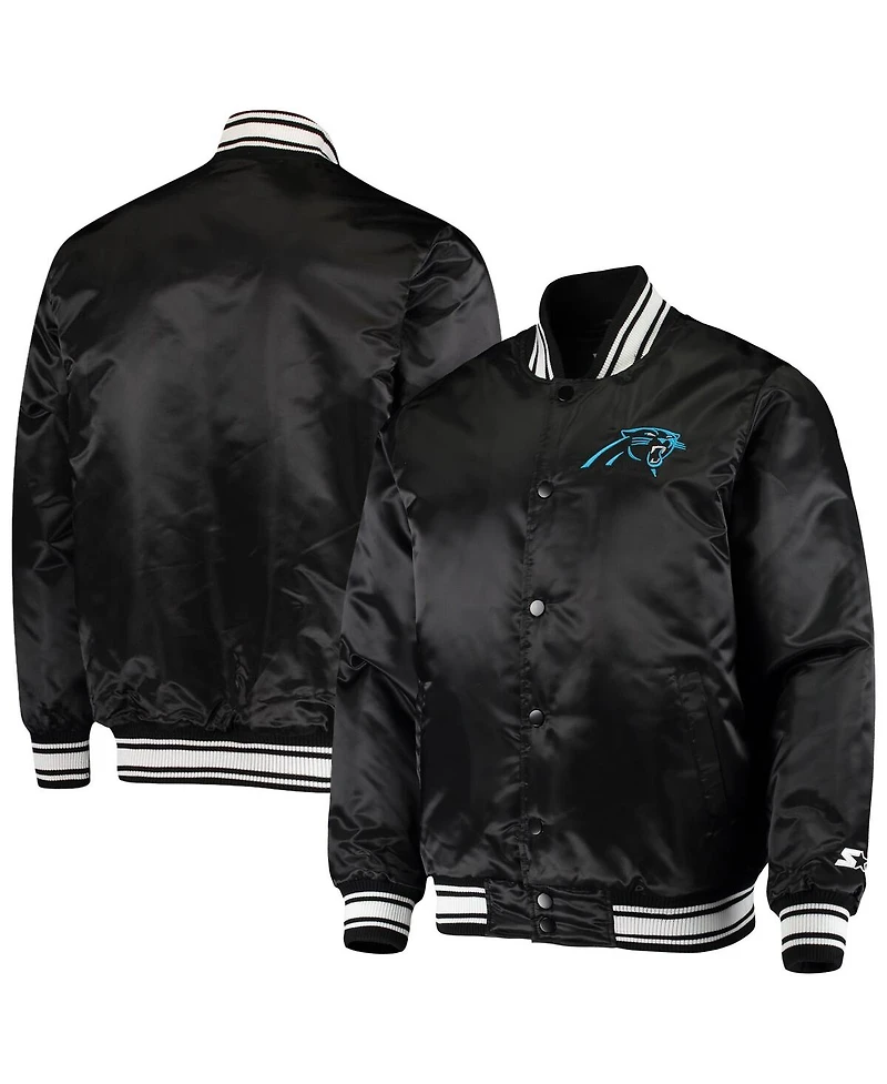 Men's Starter Black Carolina Panthers Locker Room Satin Varsity Full-Snap Jacket
