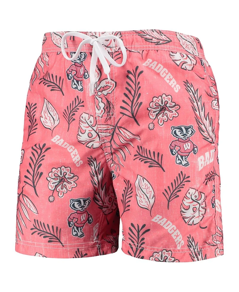 Men's Wes & Willy Red Wisconsin Badgers Vintage-Like Floral Swim Trunks