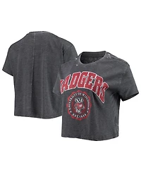Women's Pressbox Heathered Black Wisconsin Badgers Edith Vintage-Like Burnout Crop T-shirt