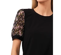CeCe Women's Mixed Media Puff Sleeve Bouquet Knit Top