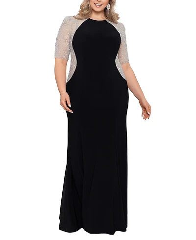Xscape Plus Size Mixed-Media Rhinestone-Embellished Gown