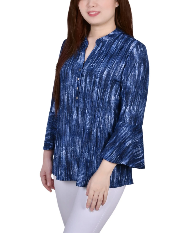 Ny Collection Petite 3/4 Bell Sleeve Printed Pleat Front Y-neck Top