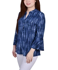 Ny Collection Petite 3/4 Bell Sleeve Printed Pleat Front Y-neck Top
