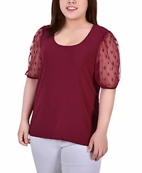 Plus Size Elbow Sleeve Crepe Top with Mesh Dotted Sleeves