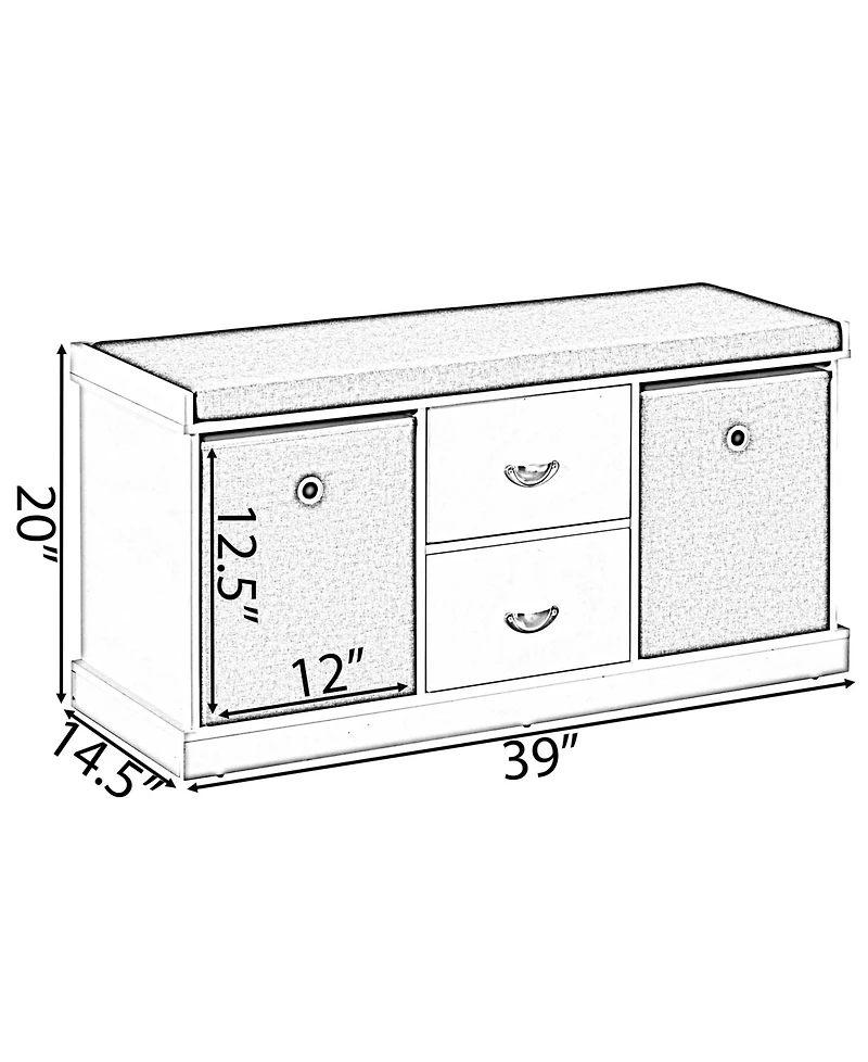 Basicwise White Shoe Storage Bench with Wooden Frame, 2 Drawers, Foldable Baskets, and Comfortable Gray Cushion for Entryway, Hallway, or Bedroom Orga