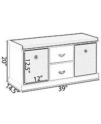 Basicwise White Shoe Storage Bench with Wooden Frame, 2 Drawers, Foldable Baskets, and Comfortable Gray Cushion for Entryway, Hallway, or Bedroom Orga