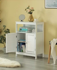 Basicwise Wooden White Modern Storage Bathroom Vanity Cabinet with Adjustable Shelves and Two Horizontal Planks Design Doors
