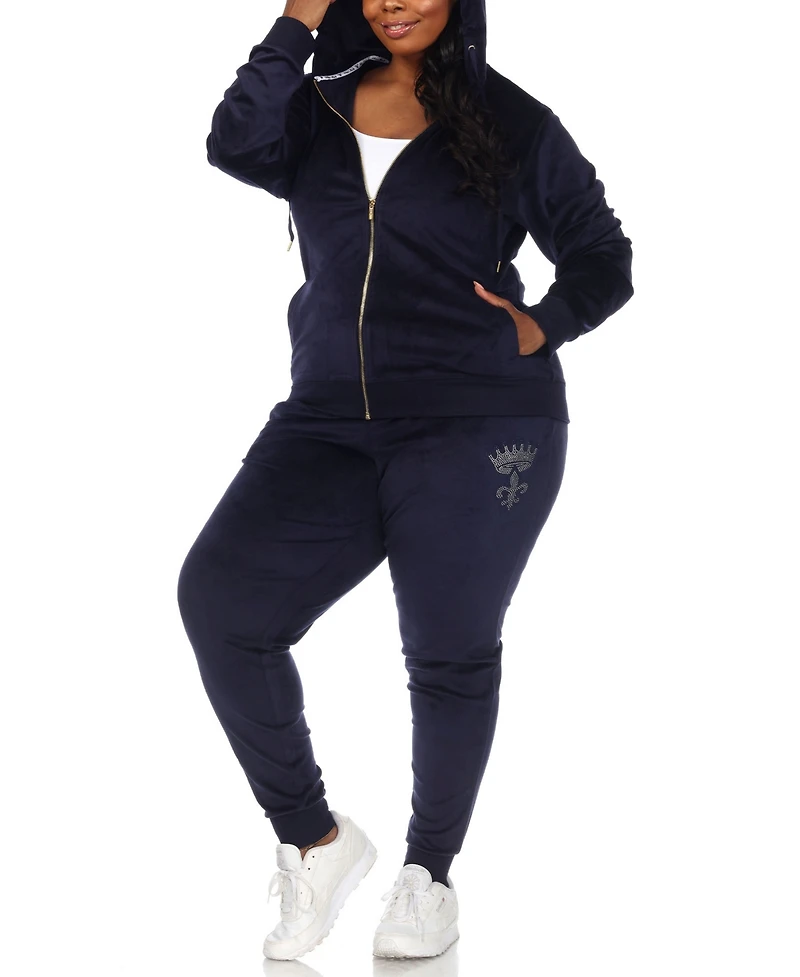 White Mark Plus Rhinestone Velour Tracksuit 2 Piece Set