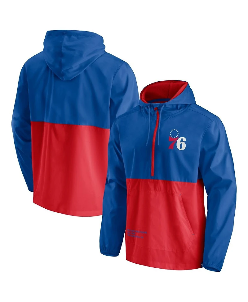 Men's Fanatics Royal, Red Philadelphia 76ers Anorak Block Party Windbreaker Half-Zip Hoodie Jacket