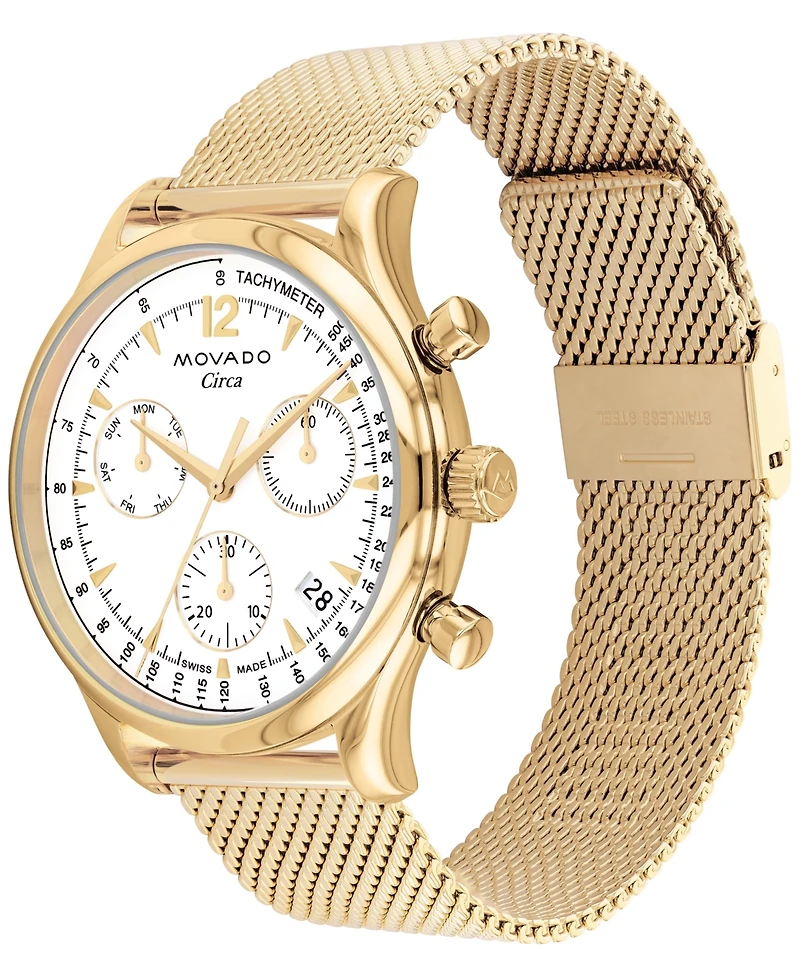 Movado Men's Swiss Chronograph Heritage Series Circa Gold Ion Plated Steel Mesh Bracelet Watch 43mm