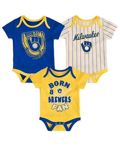 Baby Boys or Baby Girls Newborn Infant Royal and Gold and Cream Milwaukee Brewers Three-Pack Number One Bodysuit