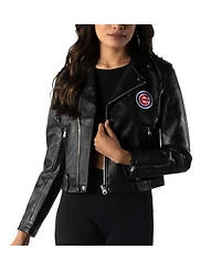 Women's The Wild Collective Black Chicago Cubs Faux Leather Moto Full-Zip Jacket
