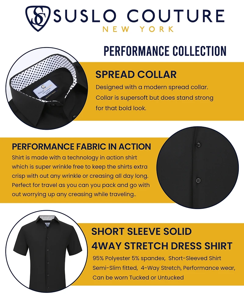 Suslo Couture Men's Slim Fit Performance Short Sleeves Solid Button Down Shirt