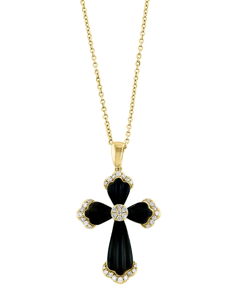 Effy Onyx & Diamond (1/6 ct. t.w.) 18" Cross Pendant Necklace in 14k Gold