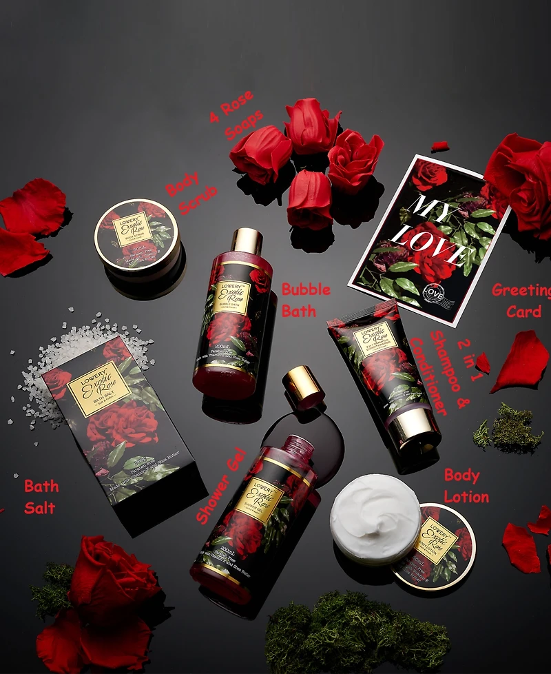Exotic Rose Spa Gift Basket, Self Care Gift, Bath and Body Care Gift Set, Relaxing Stress Relief Gift, 13 Piece