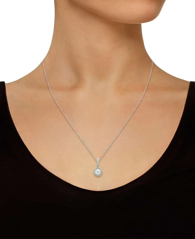 Cultured Freshwater Pearl & Diamond Accent 18" Pendant Necklace in Sterling Silver (Also in Onyx, Turquoise, & Labradorite)