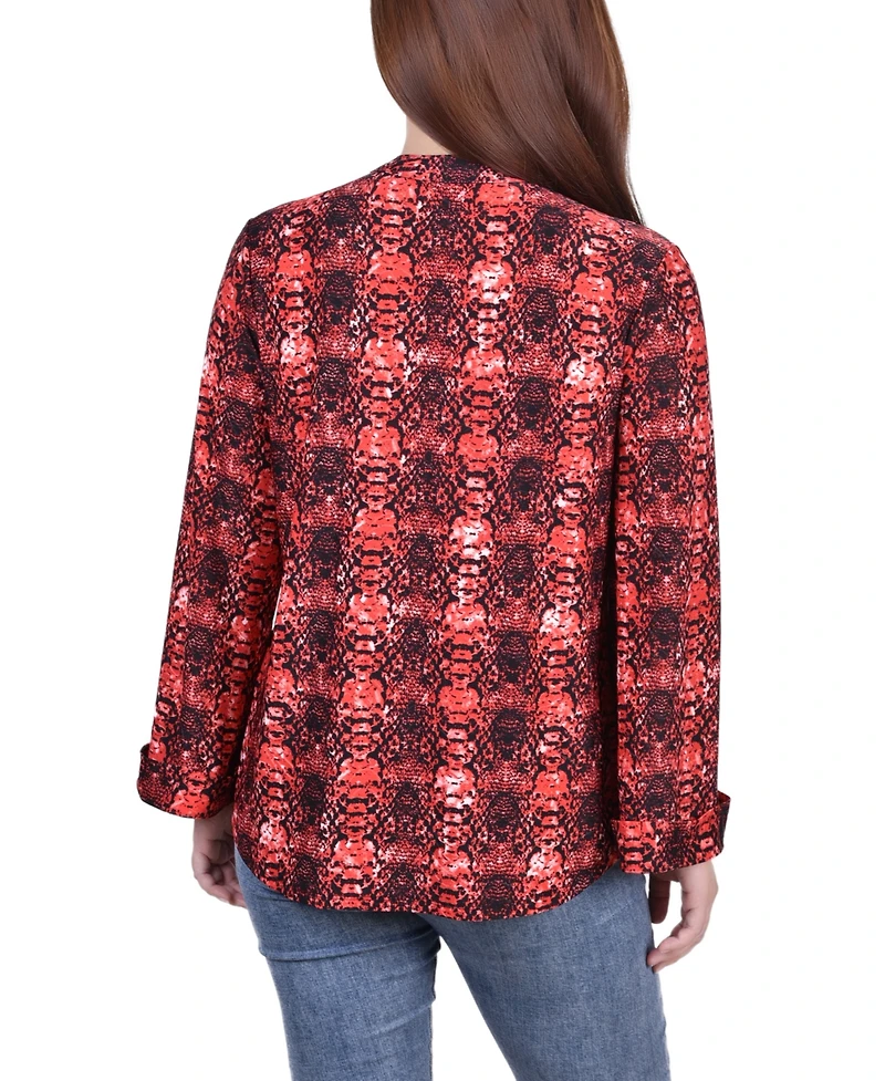 Petite Long Sleeve Jacquard Knit Y-neck Top