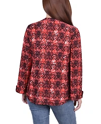 Petite Long Sleeve Jacquard Knit Y-neck Top