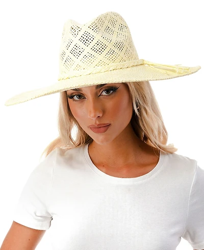 Marcus Adler Women's Wide Brim Straw Hat with Ribbon Trim
