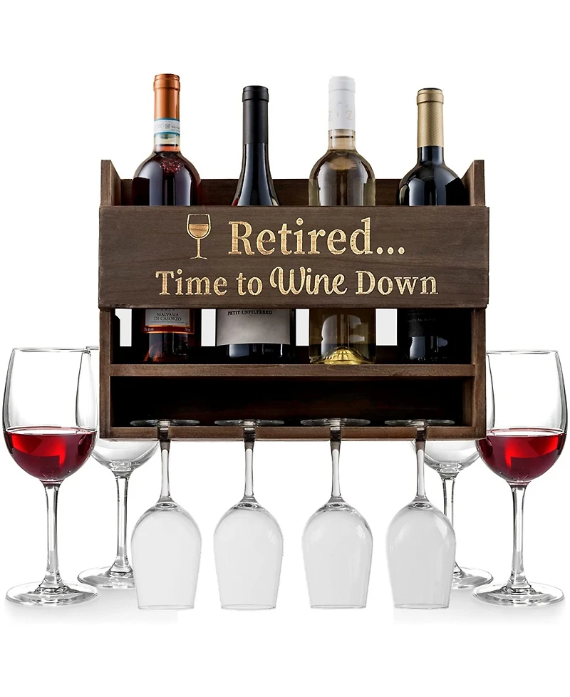 Retired Time To Wine Down Wall Mounted Wine Rack with Wine Glasses, Set of 5