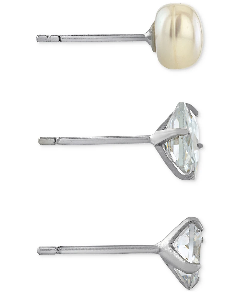Giani Bernini 3-Pc. Cubic Zirconia & Cultured Freshwater Pearl (7mm) Stud Earrings in Sterling Silver, Created for Macy's