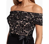 Betsy & Adam Petite Lace-Top Off-The-Shoulder Gown