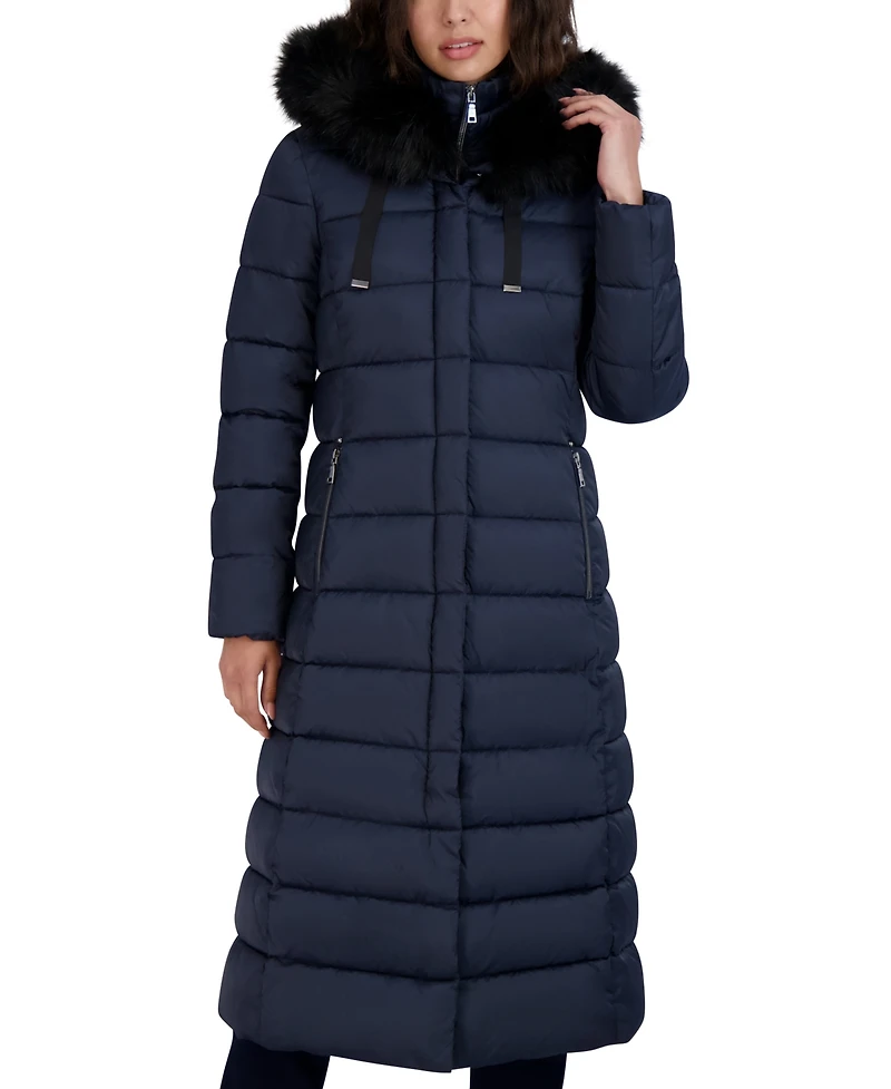 Tahari Womens Maxi Shine Bibbed Faux-Fur-Trimmed Hooded Puffer Coat