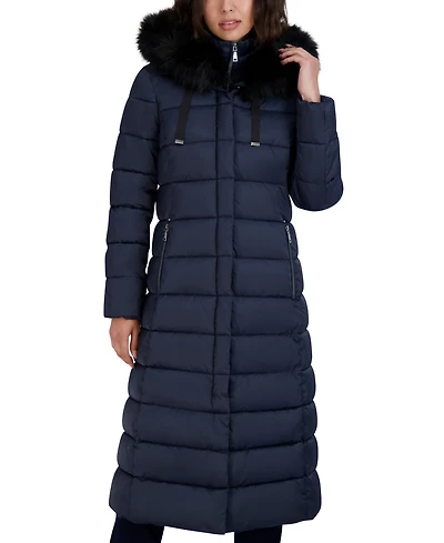 Tahari Womens Maxi Shine Bibbed Faux-Fur-Trimmed Hooded Puffer Coat
