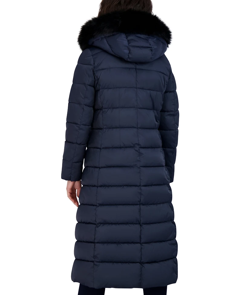 Tahari Womens Maxi Shine Bibbed Faux-Fur-Trimmed Hooded Puffer Coat