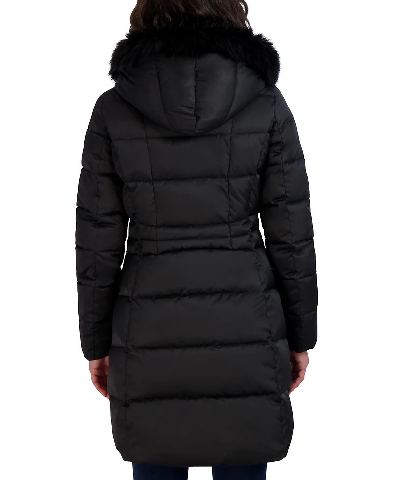 Tahari Womens Velvet Bibbed Faux-Fur Hooded Puffer Coat