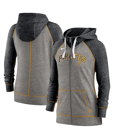 Women's Nike Heathered Charcoal and Heathered Black Pittsburgh Pirates Split Wordmark Gym Vintage-Like Raglan Slub Full-Zip Hoodie