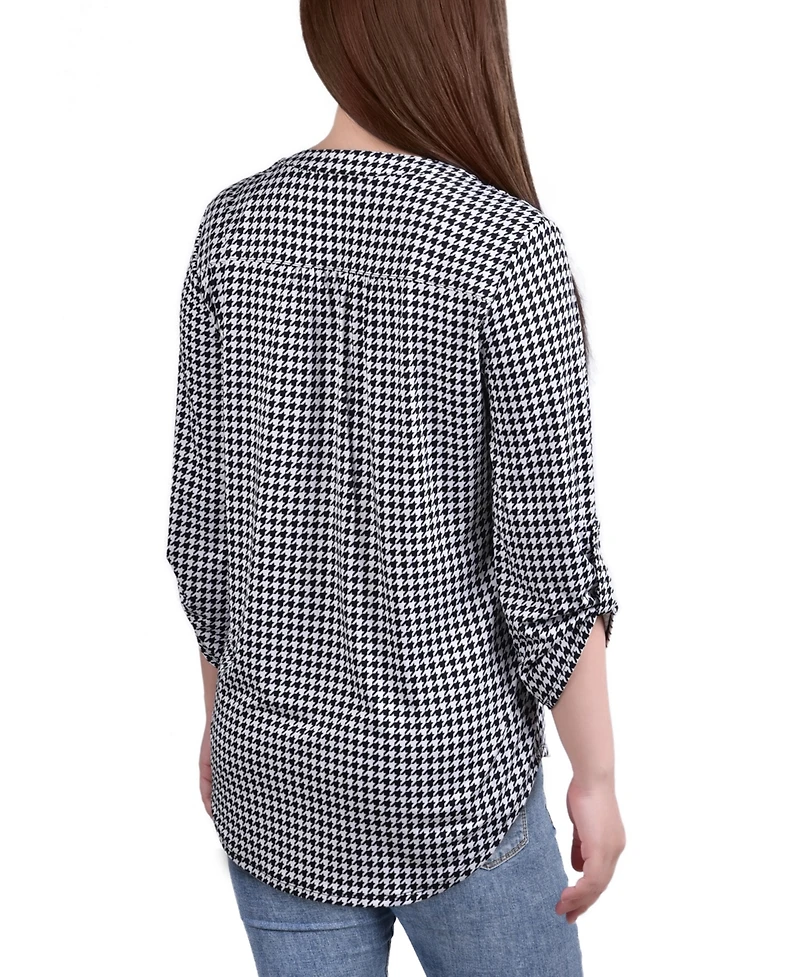 Ny Collection Petite Knit Jacquard 3/4 Sleeve Roll Tab Pintuck Top