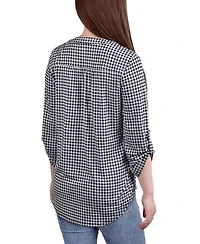 Ny Collection Petite Knit Jacquard 3/4 Sleeve Roll Tab Pintuck Top