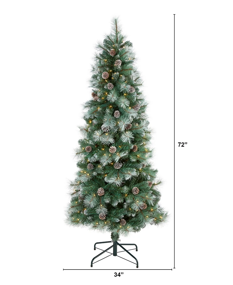 Frosted Tip British Columbia Mountain Pine Artificial Christmas Tree with Lights, Pine Cones Bendable Branches, 72"