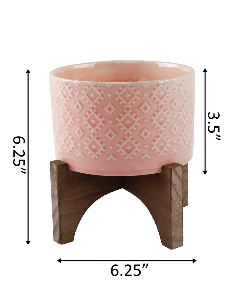 Flora Bunda India Ceramic Planter on Wood Stand, 6.25"