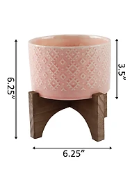 Flora Bunda India Ceramic Planter on Wood Stand, 6.25"